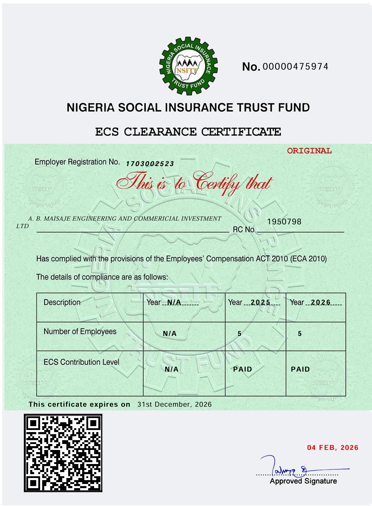 NSITF ECS Clearance Certificate
